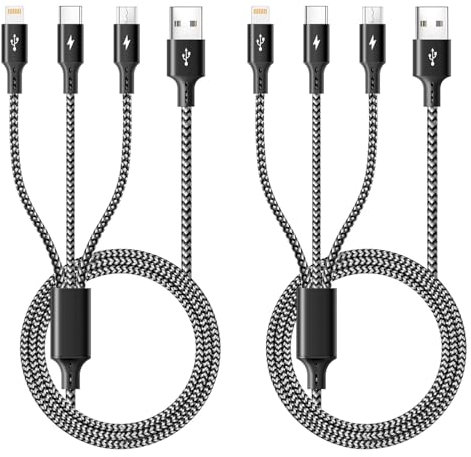 ASICEN Câble de Charge Multiple, [2Pack,1.2M] 3 en 1 Câble Multi USB, Multi Chargeur USB Câble en Nylon Tressé avec iP/Type C/Micro USB pour Phone 16 15 14 13/Android Samsung/Huawei/PS/Kindle/LG