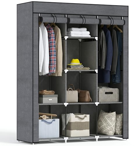 HOMCOM Kleiderschrank mit Kleiderstange 125 x 43 x 162,5 cm Dunkelgrau | Stoffschrank, Ablagen, Reißverschluss, Faltschrank, Stoffkleiderschrank, für Schlafzimmer, Ankleidezimmer