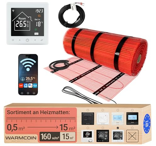 Warmcoin® Kit Riscaldamento a Pavimento Elettrico 160W/m² – 15,0 m² – Per Piastrelle, Laminato e Vinile – Con Termostato WiFi W100 Bianco Touch Screen Smart