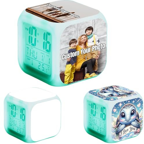 Foto personalizzata Sveglia digitale Luce LED con temperatura interna Funzionamento a batteria Scrivania Piccolo cubo Orologio Camera Decorazione moderna per la decorazione della camera da letto
