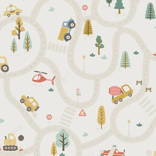 Holden Storybook Roundabout Road Fun Vehicle and Traffic Themed Wallpaper with Cars, Trucks, Helicopters, Diggers for a Playful Boys Bedroom Wall Cream/Multi (14080)