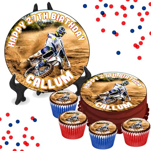 Motocross Dirt Bike PERSONALISED Edible Cupcake Toppers / 8 Inch Cake Wafer or Icing - Adults & Kids Birthday Party Decorations - Perfect for Brownies, Cookies, Muffins & More!