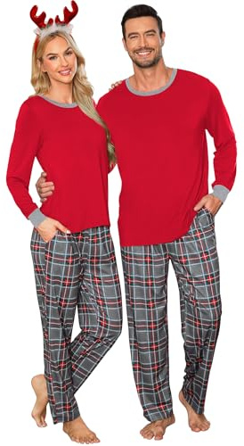 SWOMOG Ensemble de Pyjamas de Noël assorti pour les couples à manches longues, vêtements de nuit familiaux en flanelle Buffalo à carreaux, pantalon de pyjama avec poches S-XXL, rouge, L