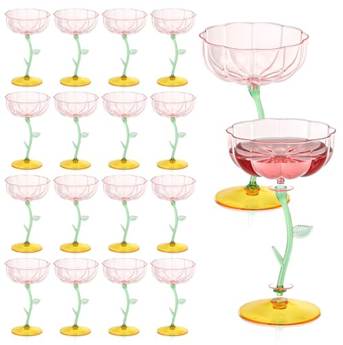 HKSZEH 24 Pcs Pink Plastic Ribbed Coupe Glasses Detachable 7oz Flower Cocktail Glasses Modern Wavy Plastic Cocktail Coupes Disposable Martini Glasses Mimosa Glassware Champagne Goblets (24, PInk)