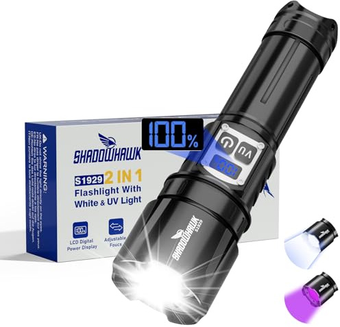 Shadowhawk 2-i-1 LED/UV ficklampa laddningsbar med dubbel brytare | 50000 lumen extremt ljusa ficklampor med UV svart ljus för inspektion/camping/utomhus, steglös dimning, bekväm drift