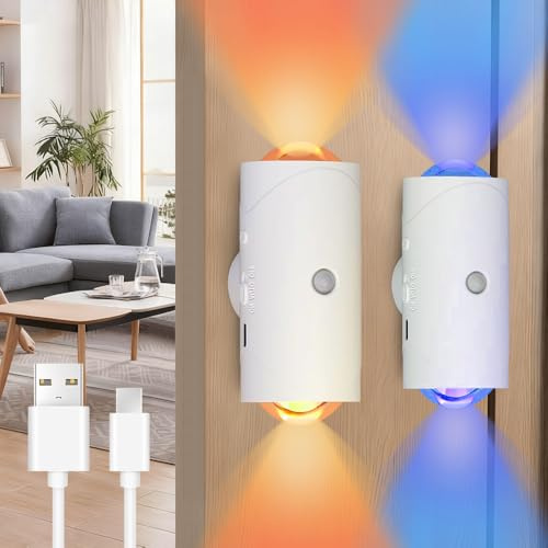 Hojalis 2PCS Motion Sensor Light Indoor, RGB Multi-Color Changing LED Wall Sconces,USB Rechargeable Magnetic LED Wall Lamp, Smart Motion Sensor Wall lamp for Bedroom Corridor Staircase
