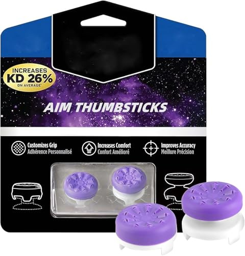 Thumbsticks pour PS4 et PS5 Controller, 2 Pièces Silicone Joystick Grips Caps Baguettes Performantes 1 Taille Haute 1 mi-Haute Aide avec Viser Controller et Réduire Pouce Fatig, Violet