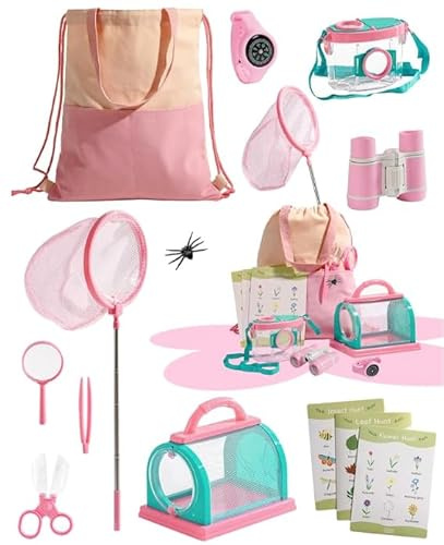ROBOTIME insektsfångare, set och barnupptäckts-set, fjäril utomhus, insektsjakt set med förstoringsglas, insektsvisare, bärväska och tillbehör, gåva till flickor 3–12 år (rosa – 12 delar)