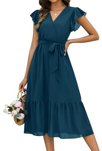 heekpek Vestito Lungo Estivo Donna Scollo a V Leggero Abito Senza Maniche con Volant Elegante Vestito da Mare Summer Dress, Blu Navy, M