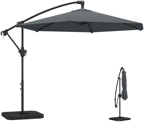 Outsunny Parasol déporté 3 m avec pied en croix et dalles lestage, parasol de jardin extérieur avec manivelle et loquet de verrouillage, toile polyester 180 g/m², protection UV 30+, gris foncé