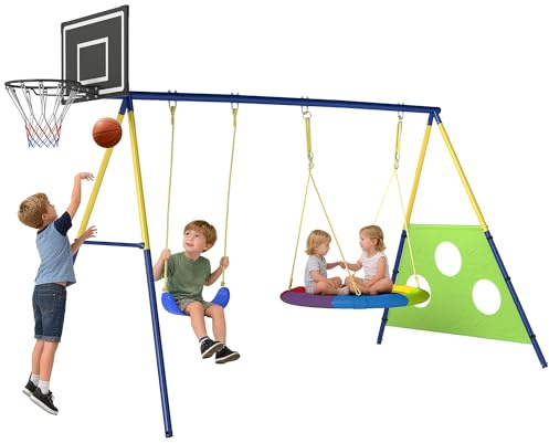 AIYAPLAY Balançoire Portique Enfants 4-en-1 Extérieure Âge 3-8 Multicolore