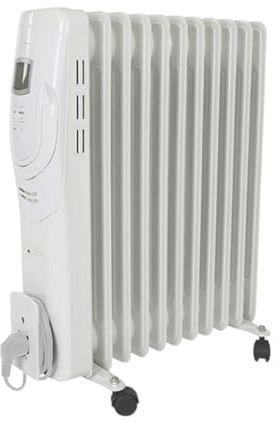Perel 2 500 W oljevärmare med 11 fenor, 3 värmenivåer, LCD-skärm, timer, termostat, handtag, hjul och kabelrulle, överhettning och tippskydd, uppvärmning