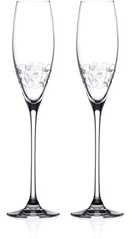 DIAMANTE Champagne Prosecco Flute Glasses Pair with Delicate Filigree Etched Design Set of 2 in Gift Box