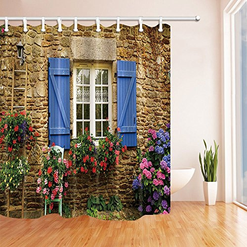 ottbrn 3D Digital Printing Home Garden Shower Curtain Stone Wall and Window and Flowers Polyester Fabric Bathroom Decorations Bath Curtains Hooks Included 72X72 inches