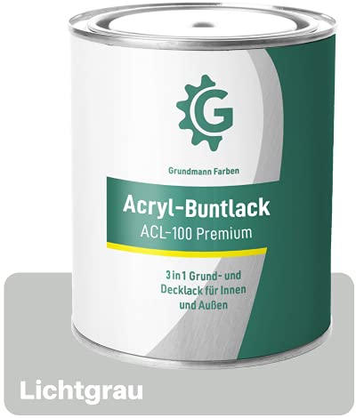 Grundmann Acryllack ACL 100 - Hellgrau 0,7 Kg - 4in1 Lack inkl. Grundierung - Innen und Außen - Für Holz, Metall, Stein & Kunststoff - Lichtgrau RAL 7035