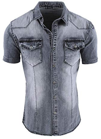 Evoga Camicia Jeans Uomo Casual a Manica Corta Slim Fit Denim (S, Grigio Denim)