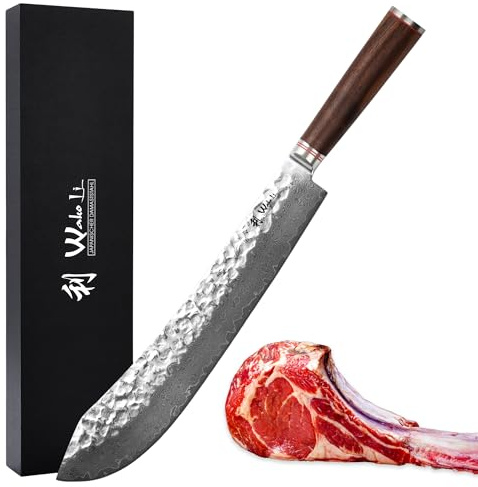 Wakoli Nussbaum Profi Blockmesser 35 cm, 67 Lagen Damaststahl mit VG10-Kern | Hammerschlag, Walnussholzgriff, Geschenkbox, langes Fleischmesser für Brisket, Pulled Pork, Grillgut und große Bratenstücke
