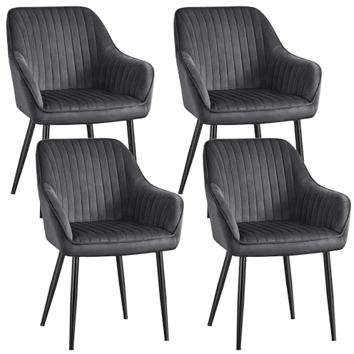 SONGMICS Esszimmerstuhl, 4er Set, Samt, Polsterstuhl mit Armlehnen | Küchenstuhl, Sessel, Loungesessel, bis 120 kg belastbar, Metallbeine, grau-tintenschwarz