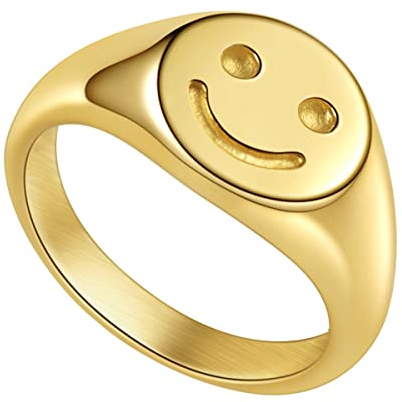 Joliernelle Sigelring Damen Edelstahl Ring Gold Smiley Glückliches Geschenk Größe 52