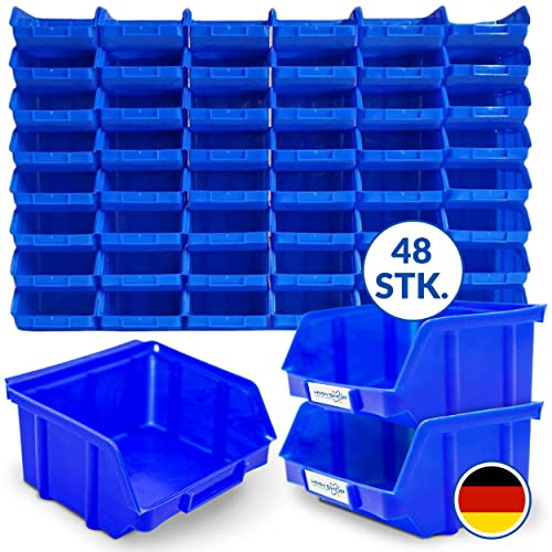 48x Stapelboxen Blau Größe 1 Werkstatt Garage Keller Sichtlagerboxen 100x100x52mm Lagerboxen blaue Sichtlagerkästen Kleinteile Aufbewahrung