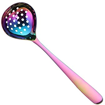WRLRUILIAN Espresso Spoons Stainless Steel Oil Skimmer Spoon Kitchen Oil Filter Spoon Household Perforated Filter Spoon Long Handle Colander Very Suitable for Home Use Tea Spoons (Color : Pink)