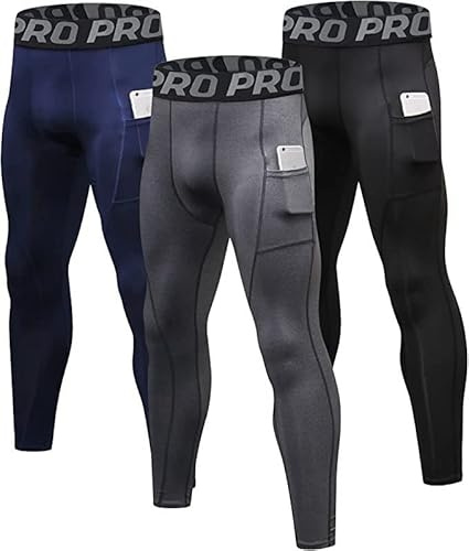 LANBAOSI Herr cool torr kompression leggings för löpning träning 3-pack gym träning tights med fickor, Svart/grå/Marinblå, L