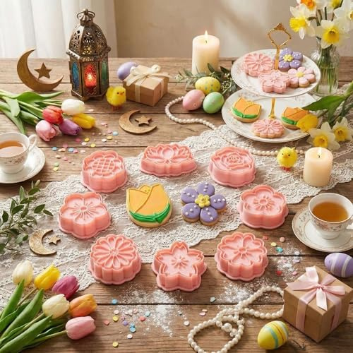 Vesici 8 Pcs Flower Cookie Cutters Set with Plunger, 3D Spring Tulip Rose Daisy Sunflower Variety, Plastic Pink Mold for Easter, Wedding, Bridal Shower and Spring Summer Mother's Day Cookie Decorating