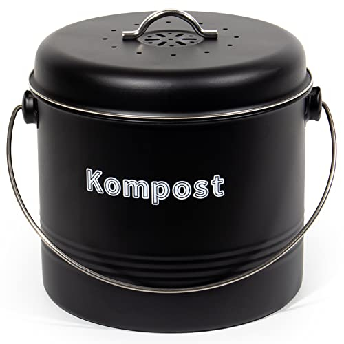 Theo&Cleo Biomülleimer Küche 7 L, Bio Mülleimer Geruchsdicht mit Aktivkohlefiltern, Komposteimer Metall, Biomüll Retro (Mattschwarz)