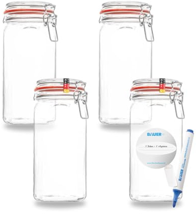 Flaschenbauer - Lot de 4 bocaux de conservation à étrier métallique - 1550 ml - Convient comme bocal de conservation et de fermentation - Pour le rangement, le remplissage - Avec étiquettes - Fabriqué