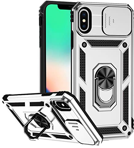 Hitaoyou iPhone X/XS Case, iPhone X/XS Case with Camera Cover & Kickstand Military Grade Shockproof Heavy Duty Protective Magnetic Case for iPhone X/XS 5.8 Silver