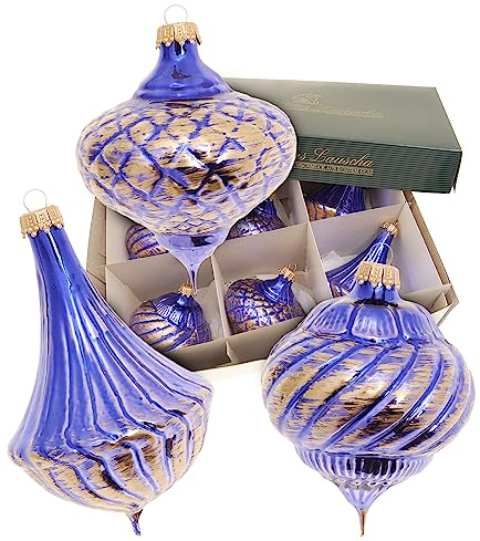 Krebs Glas Lauscha - Weihnachtsdekoration/Christbaumschmuck aus Glas - Glaskugelset Barock - Farbe: Blau/Gold - Größe: 2 mal 3 versch. Formen (11-13cm)