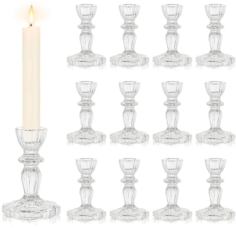 Inweder Glas Kerzenständer Vintage Kerzenhalter Stabkerze: 12 Stück Klar Stabkerzenhalter Kristall Kerzenständer Stabkerzen für Hochzeit Weihnachten Geschenk oder Heimdekoration