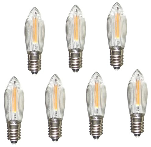 Erzgebirgslicht - AUSWAHL - 7 Stück LED Filament Topkerze 34 V 0,2 W für INNEN, für 7 Brennstellen E10 Riffelkerze Ersatzbirne Glühbirne Glühlämpchen für Lichterketten Pyramide Schwibbogen