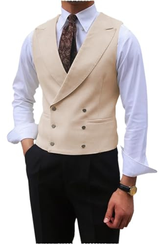 Niiyyjj Chaleco de traje de solapa con pico para hombre, de doble botonadura, sin mangas, chaqueta para boda y negocios, chaleco ajustado, beige, S