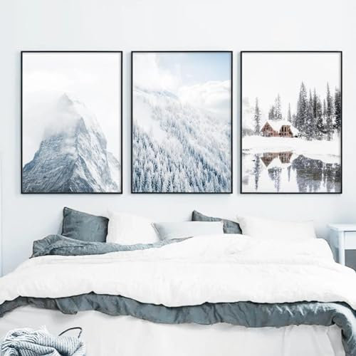 KemneT Winter Schnee Berg Wald Zypresse Landschaft Wand Bilder Leinwand Bild Nordic Poster Kunstdrucke Bilder für Wohnzimmer Wohnkultur 50x70cmx3 Ungerahmt