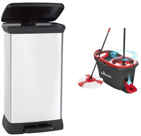 CURVER Metal Effect 70% Recycled Kitchen Pedal Touch Deco Bin 50 Litres - Silver & Vileda Turbo Microfibre Mop and Bucket Set, Spin Mop for Cleaning Floors