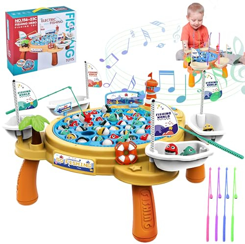 Ulikey Juego de Pesca para Niños, Juguete de Pesca Eléctricos Musical con 45 Peces y 4 Tiras de Caña de Pescar, Regalo para Niños Niñas 3 4 5 6 Años