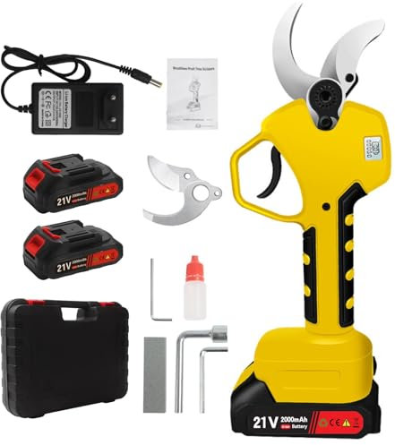 Tijeras de Podar Eléctricas 35 MM con Pantalla LCD con 2000mAh*2 Baterías Recargables para Jardinería Viñedos Árboles Frutales Amarillo