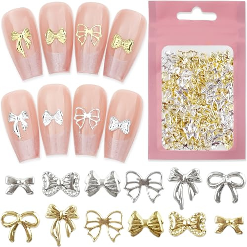 Metall Schleife Nail Charms Gold Silber Bögen Nagel Charms Gemischt Größe Form Schleifenknoten Charm Nägel 3D Bow Nail Charm Cute Ribbon Bowknot Nagelschmuck Nageldesign Zubehör