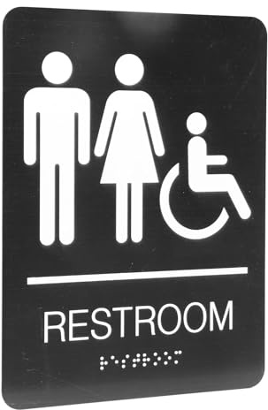 Badezimmerschild in Blindenschrift, Selbstklebendes Toilettenschild aus Edelstahl für Männer und Frauen, Erhabener Text mit Blindenschrift, 20,3 X 15,2 Cm, Schwarzes