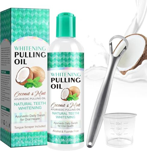Coconut Pulling Oil, Mint Oil Pulling Mouthwash with Tongue Scraper, Natural for Teeth Whitening, Fresh Breath, with Coconut & Peppermint -Mouthwash
