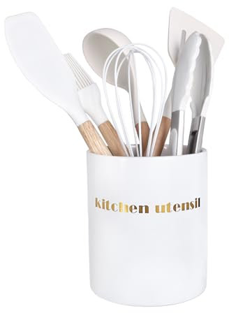 BSTKEY Pot de rangement rond en céramique pour ustensiles de cuisine, couverts, cuillère, fourchette, couteau (sans ustensiles)
