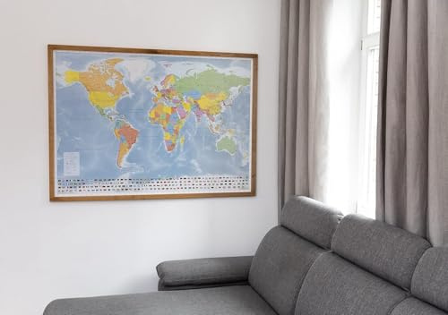 GeoMetro XL Weltkarte, 103 x 143 cm, mit massiven Holzrahmen (Eiche), made in Germany, biologisch geölt, Flaggen zu Ländern der Erde