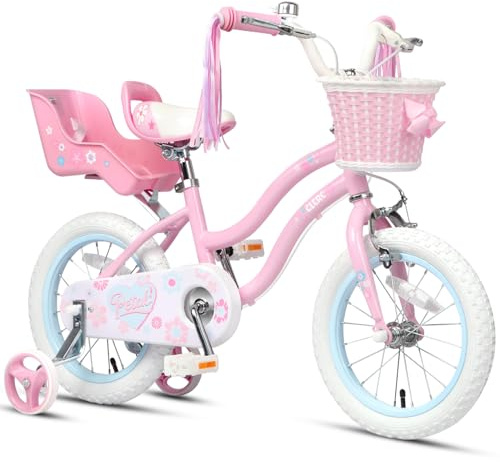 Glerc 14 Inch Kids Bike for 3-4 5 Year Old Girls, Princess Style with Handlebar Tassels and Basket and Training Wheels, Pink