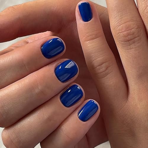 KQueenest Royal Blue Press on Nails Short Square, Short False Nails Coffin, Glossy Solid Small Bright Blue Fake Nails Set, Perfectly Fit, Vibrant Reusable Gel Stick on Nail for Women Daily Wear 24 Pcs