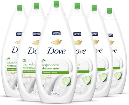 Dove Docciaschiuma Rinfrescante, Idratante Dermo-Naturale, Cetriolo e Tè Verde, 1/4 Crema Idratante, Dermatologicamente Testato, Bagnoschiuma Uomo e Donna, 100% Bottiglia Riciclata* 6 Pezzi x 750 ml