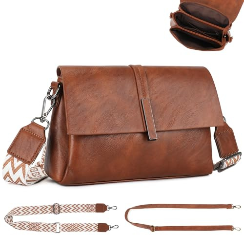 VINBAGGE Damen Handy Umhängetasche Leder Crossbody Bag mit Breitem Gurt Schultertasche Damen Handtasche Klein Tasche Verstellbarer Riemen