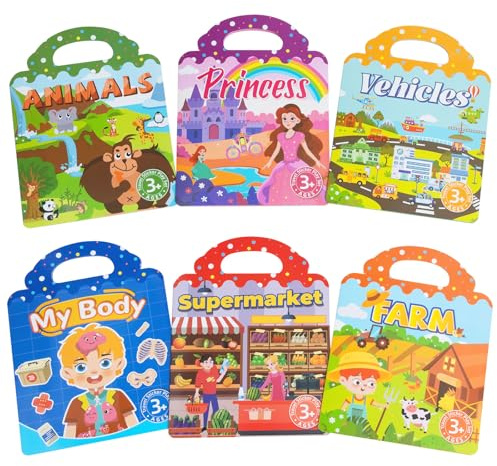 wiederverwendbare Stickerbücher für Kinder, ideal für Jungen und Mädchen ab 3 Jahren, 6 Themen: Fahrzeuge, Tiere, Prinzessin, Bauernhof, Mein Körper und Supermarkt, Kinderbücher zum Thema Flugreisen
