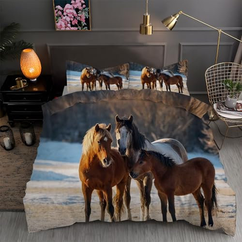 TMMDH Bettwäsche 155x220 Bettbezug Winter Bettwäsche-Sets Pferd Muster Weich Baby bettwäsche Set Hypoallergen Kinder bettwäsche mit 2 Kissenbezüge 80x80 cm