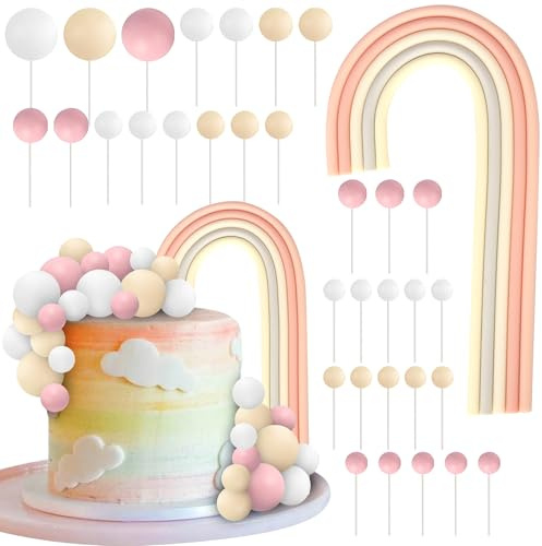 34 Pack Boho Balls Cake Toppers Rainbow Cake Picks Natural Boho Mini Balloon Foam Rainbow DIY Cake Decorations for Baby Shower Boys Girls Birthday Wedding Anniversary Party Supplies
